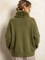 Asymmetrical Zip Faux Fur Collar Casual Knit Olive Green Sweater