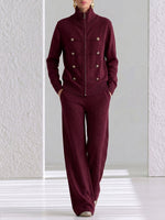 Women's Solid Color Stand Collar Long Sleeve Casual Loose Knit Top And High Waist Wide Leg Pants Knit Set