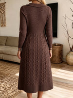 Classic Brown Cable-Knit Collar Midi Dress
