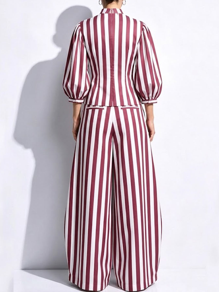 Vintage-style Burgundy And White Striped Cotton-linen Two-piece Set