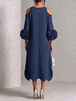 Off-shoulder Knit Dress With 3d Floral Details