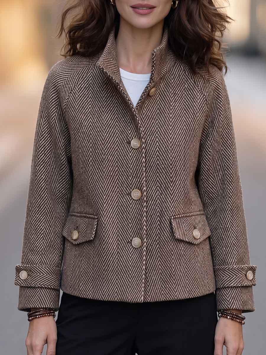 Women's Herringbone Stand Collar Long-sleeved Casual Loose Cardigan Jacket