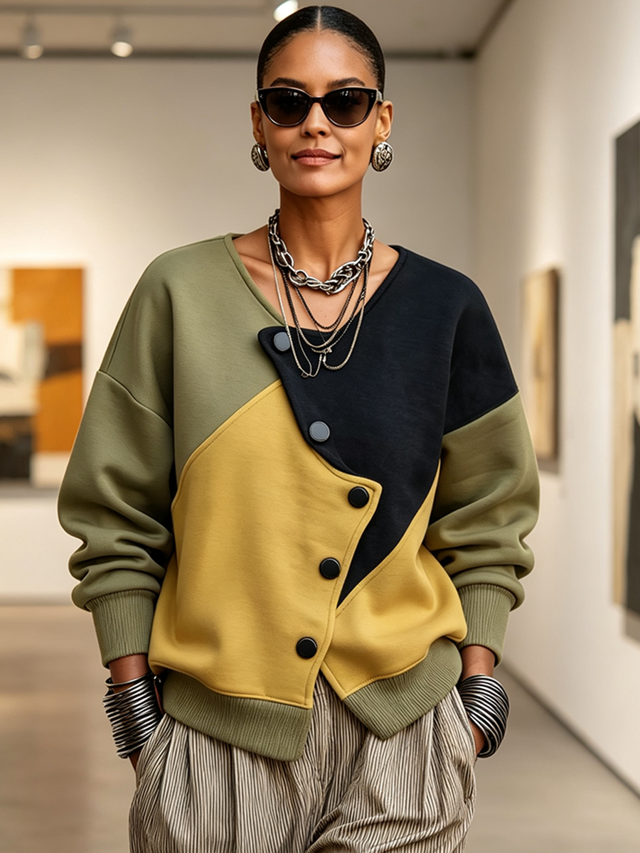 Chic Stylish Asymmetric Colorblock Sweatshirt Jacket
