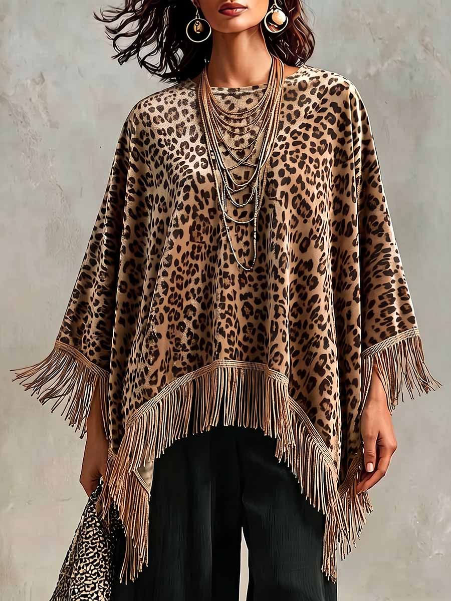 Women's Leopard Print Velvet Top – Crew Neck, Long Batwing Sleeves, Loose Fit, Tassel Detail