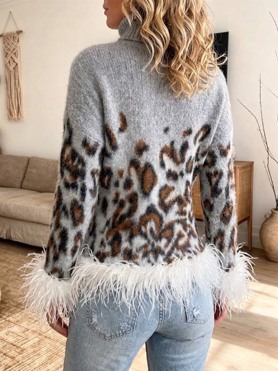 Leopard-print High-neck Knit Sweater With Feather Trim