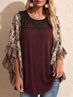 Loose-fitting Round-neck Top Featuring A Knit Bodice, Floral Chiffon Panels, And Flared Ruffle-edge Mid-length Sleeves