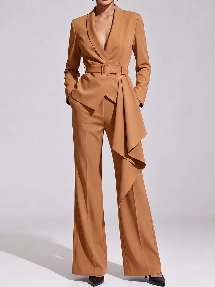 Women's Solid Color Lapel Long Sleeve Casual Loose Fit Suit High Waist Wide Leg Pants Set