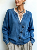 Chic Denim Wrap-front Top With Lace Trim