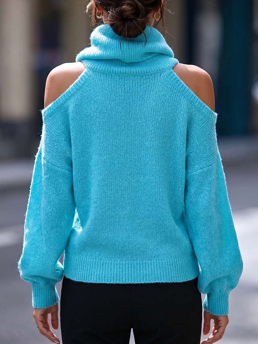 Women's Solid Color Stand Collar Off-shoulder Long Sleeve Casual Loose Knit Sweater