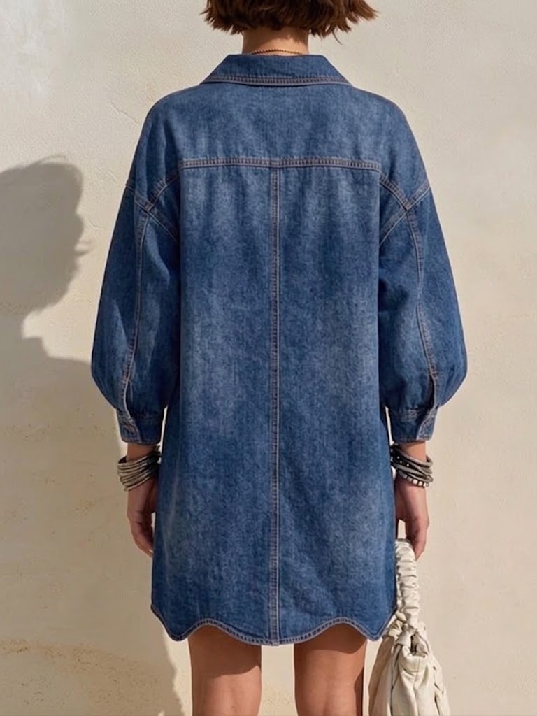 Knee-length Denim Dress Featuring A Lapel Collar, Large Gold Buttons, Lantern Sleeves, And A Wavy Hem