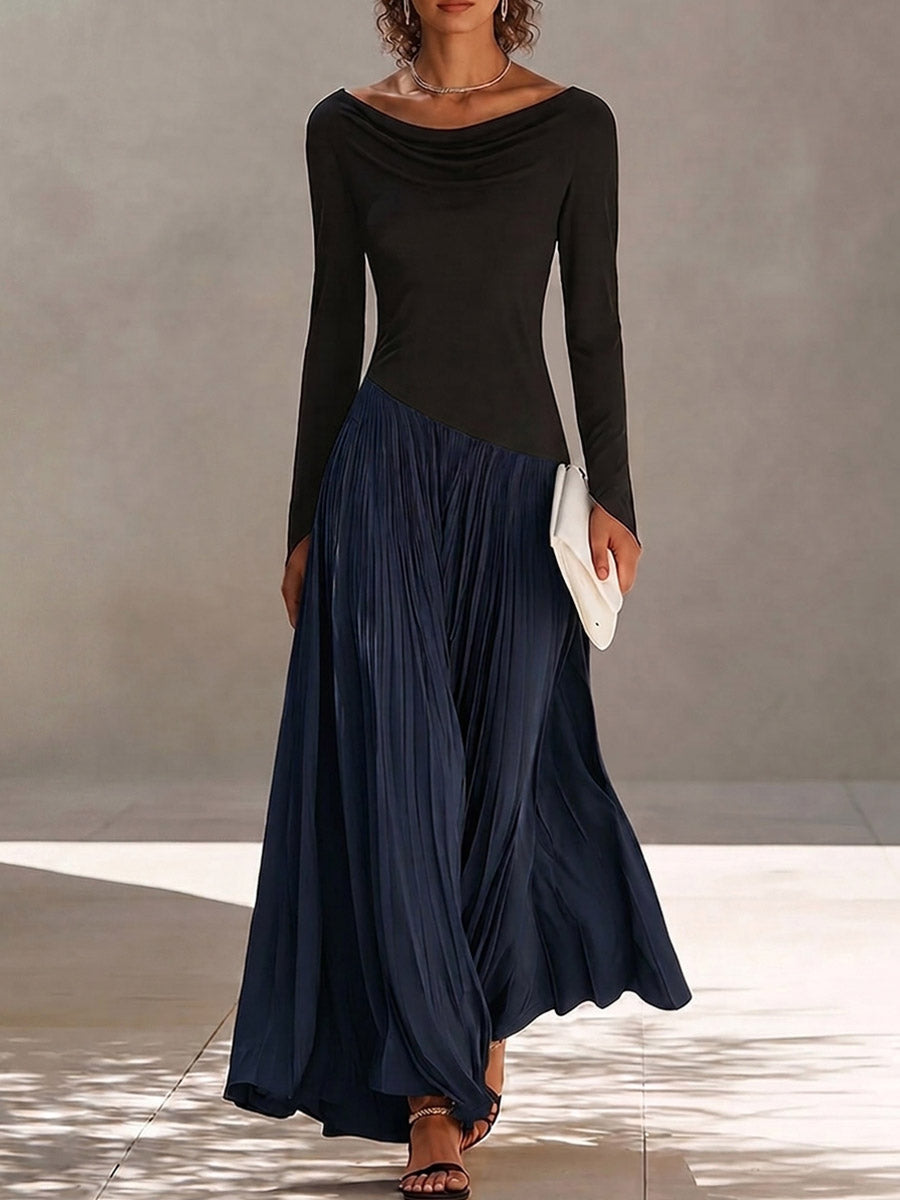 Women's Long-sleeved Casual Loose-fitting Color-blocked Dress With A Ruffled Neckline