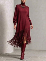 Turtleneck Diagonal Fringe Oversized Knit Midi Dress