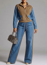 Two-piece Set Featuring A Zip-up Jacket With A Knit-and-denim Panel Design And Matching Jeans.