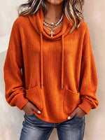 Women's Solid Color Long-sleeve Casual Loose-fit Knit Pullover With Drawstring Cowl Neck