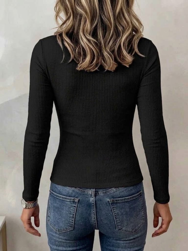 Crew Neck Chest Cutout Deep V Fitted Ribbed Long Sleeve Knit Top