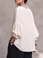 Rhinestone Embellished Collar Velvet Blouse