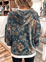 Women's Retro Print Casual Loose Long Sleeve Hooded Pullover Velvet Top