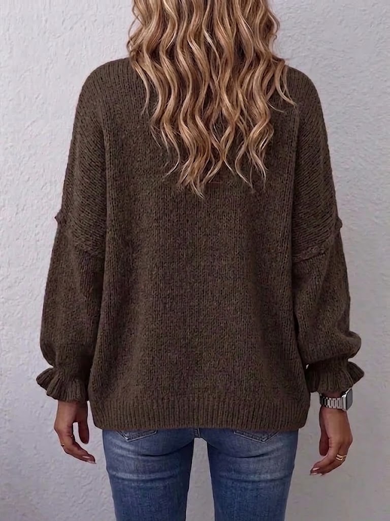 Stand Collar Single‑breasted Gold Button Ruffle‑cuff Knit Cardigan