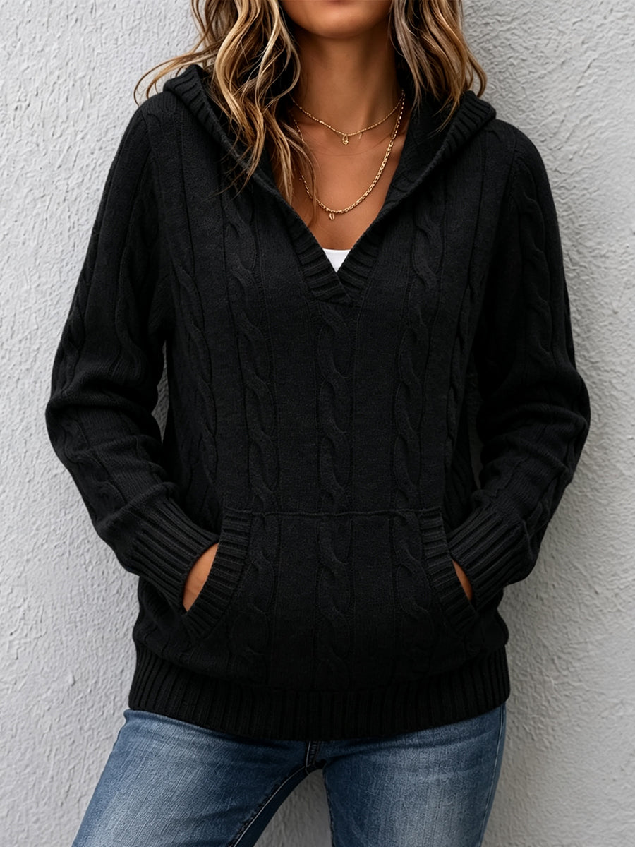 Casual Cable-knit V-neck Sweater With Hood