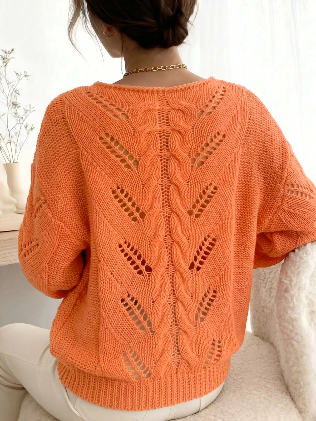 Vibrant Orange Open-Knit Textured Sweater
