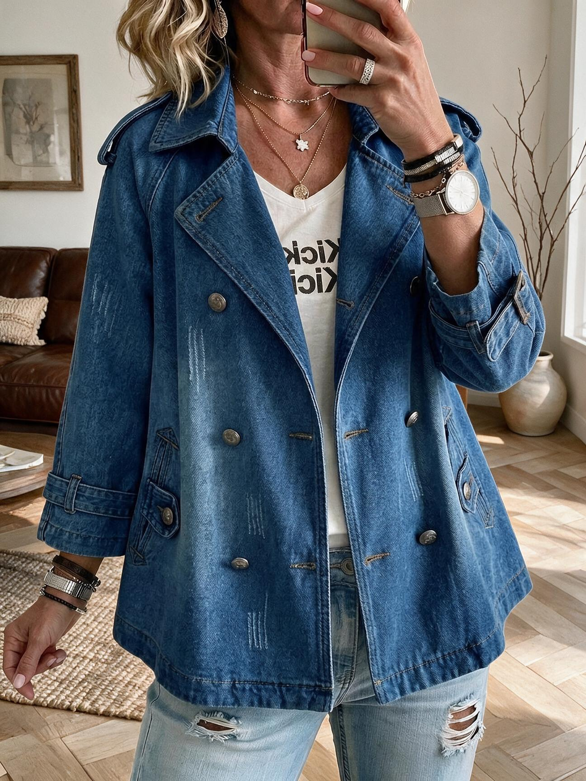 Vintage Washed Denim Pea Coat – Lapel Collar Utility Jacket