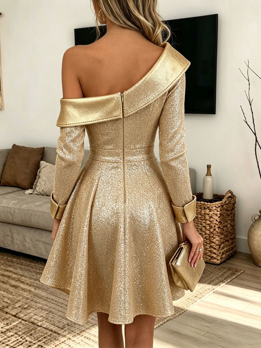 Elegant Glittering Gold One-shoulder Party Dress