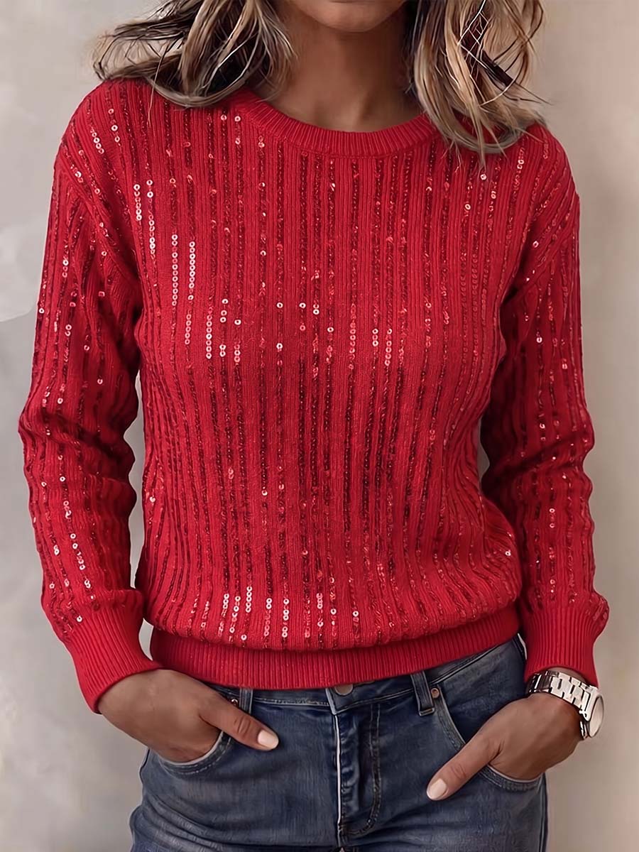 Women's Red Vertical Sequin Stripe Knit Sweater