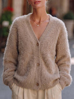 Women's Solid Color V-neck Long Sleeve Casual Loose Knit Cardigan