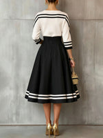 Chic Retro Black And White Striped Midi Dress Set
