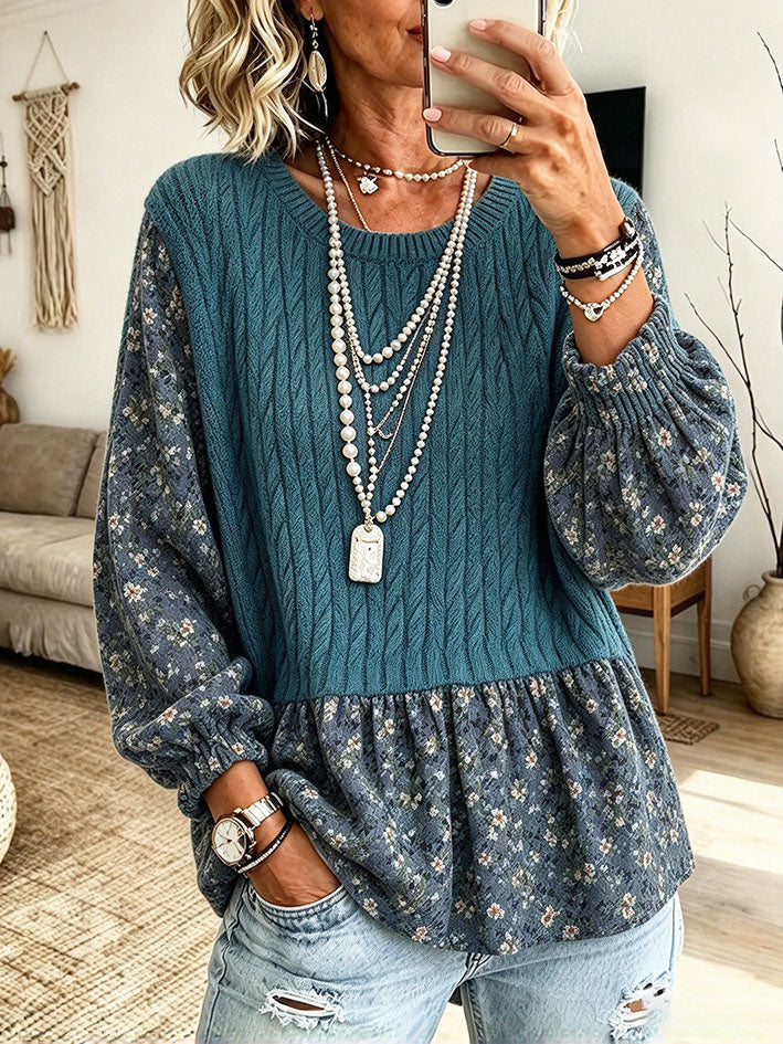 Casual Stylish Blue Floral Patchwork Cable-knit Top