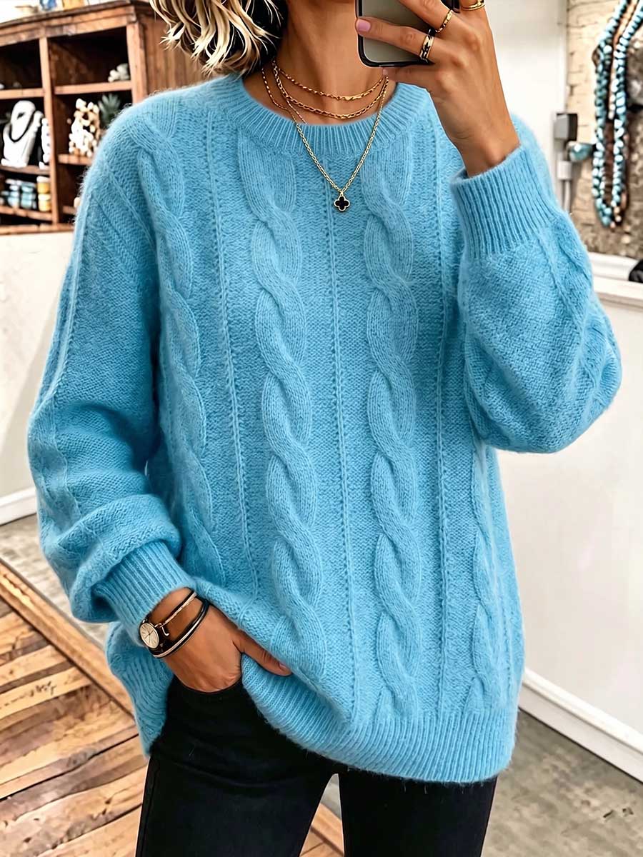 Women's Solid Color Round Neck Long Sleeve 3d Cable Knit Casual Loose Pullover Knit Sweater