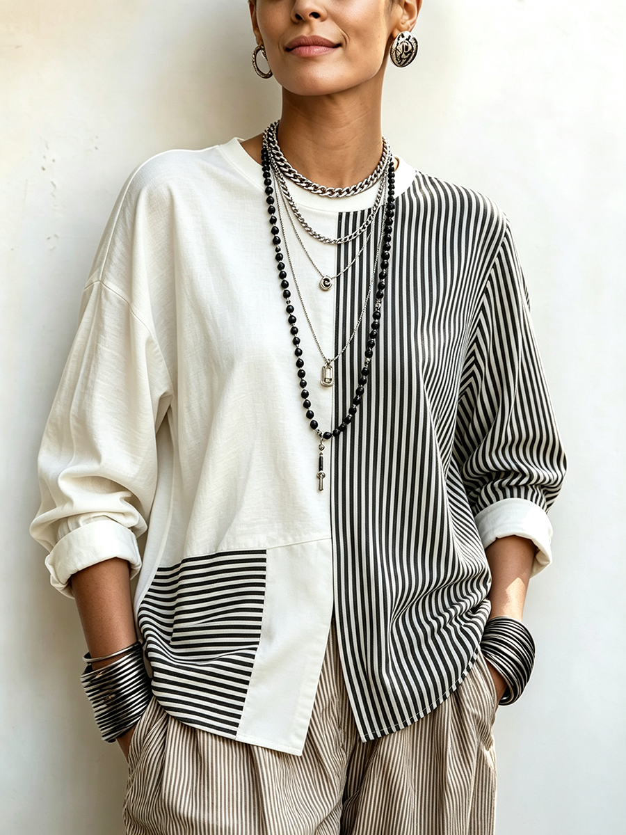Chic Asymmetric Black And White Striped Statement Top