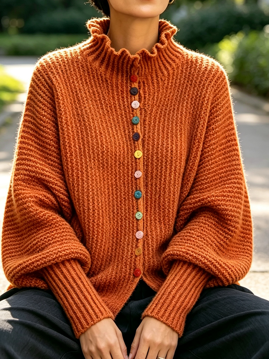 Vibrant Ruffled Turtleneck Sweater With Colorful Rainbow Buttons