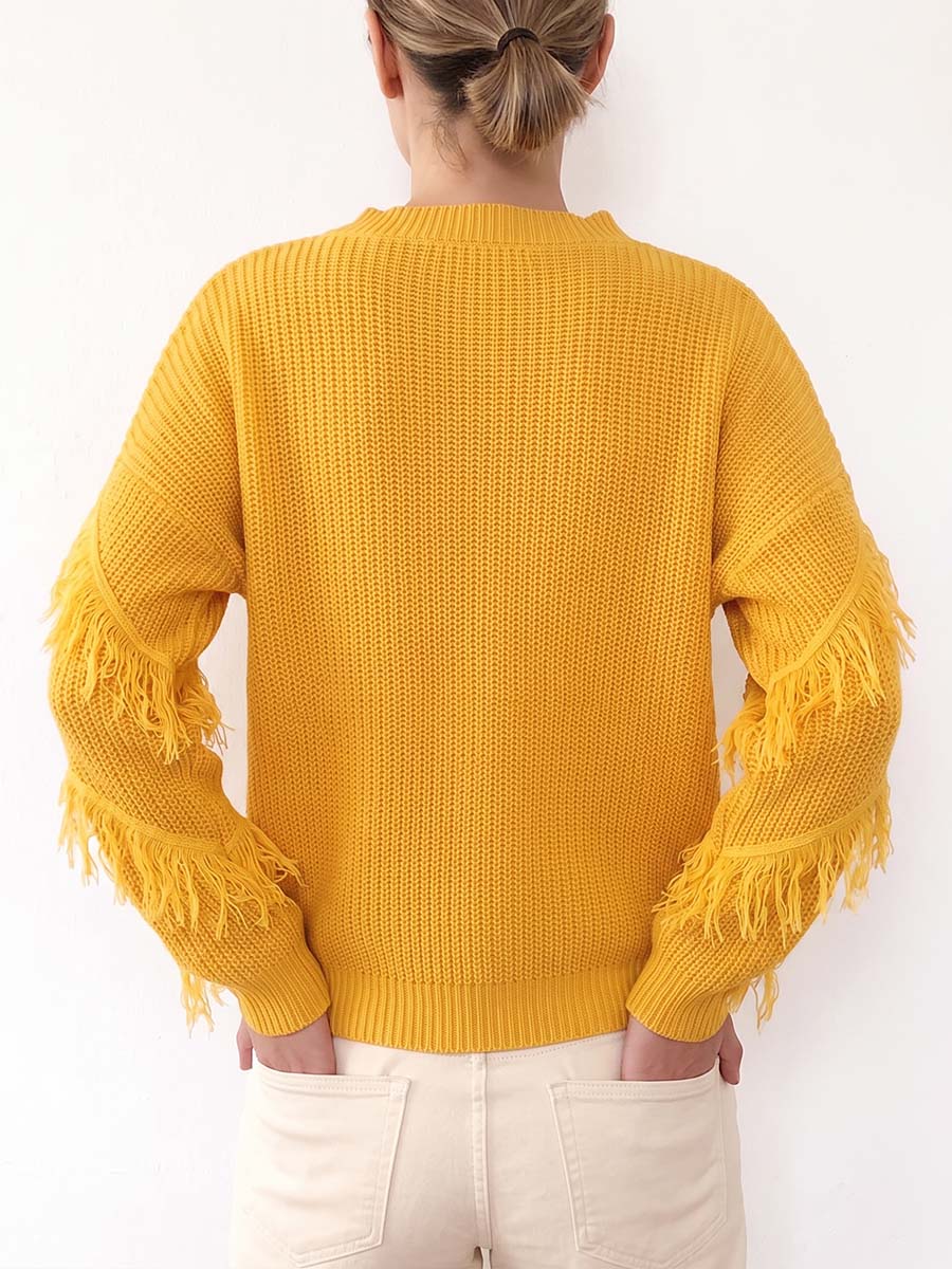 Women's Solid Color V-neck Long-sleeved Casual Loose Tassel Pullover Knit Sweater