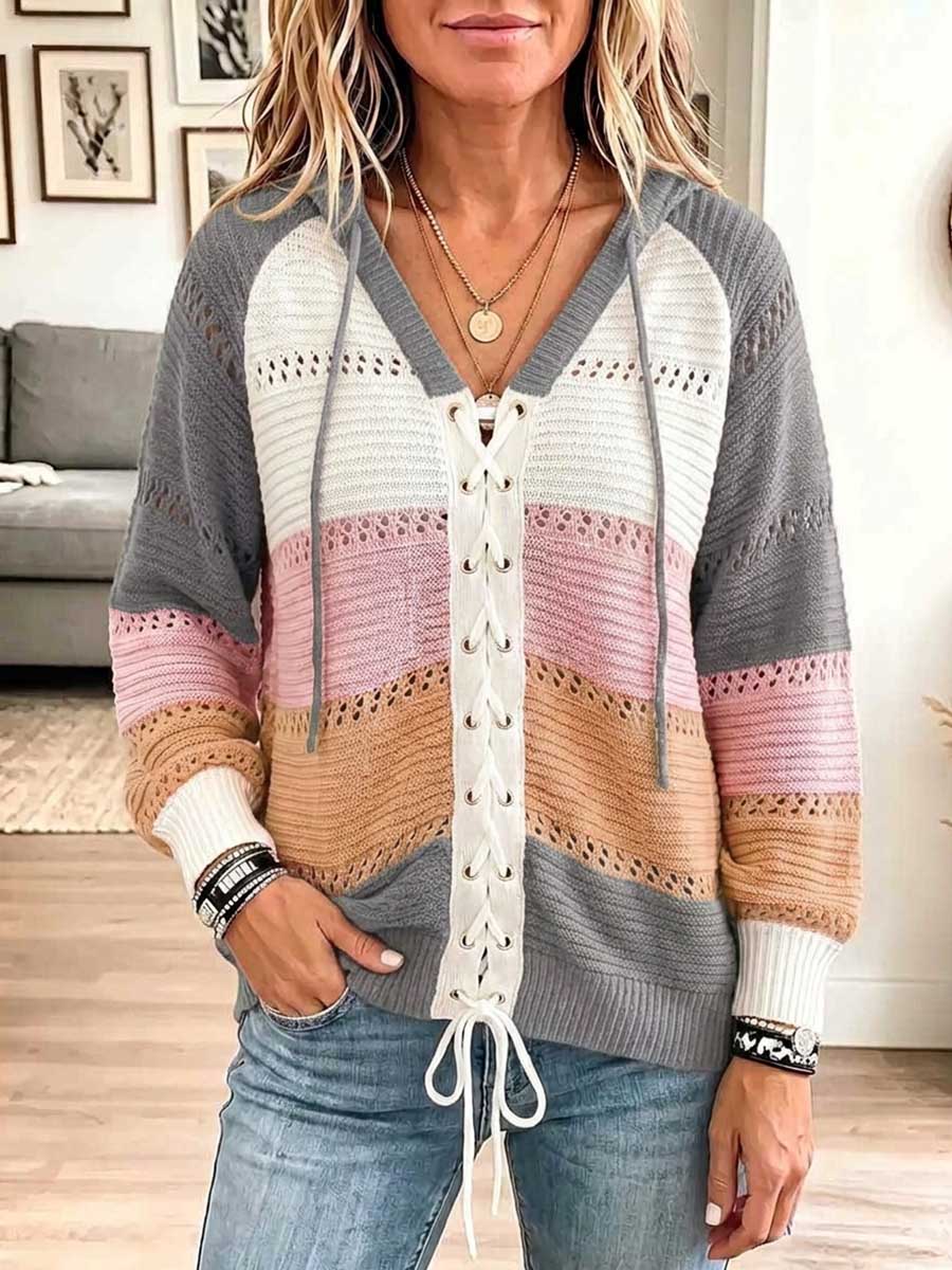 Women's Color-blocked V-neck Long-sleeved Casual Loose Hooded Knit Pullover