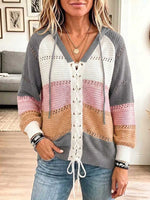 Women's Color-blocked V-neck Long-sleeved Casual Loose Hooded Knit Pullover