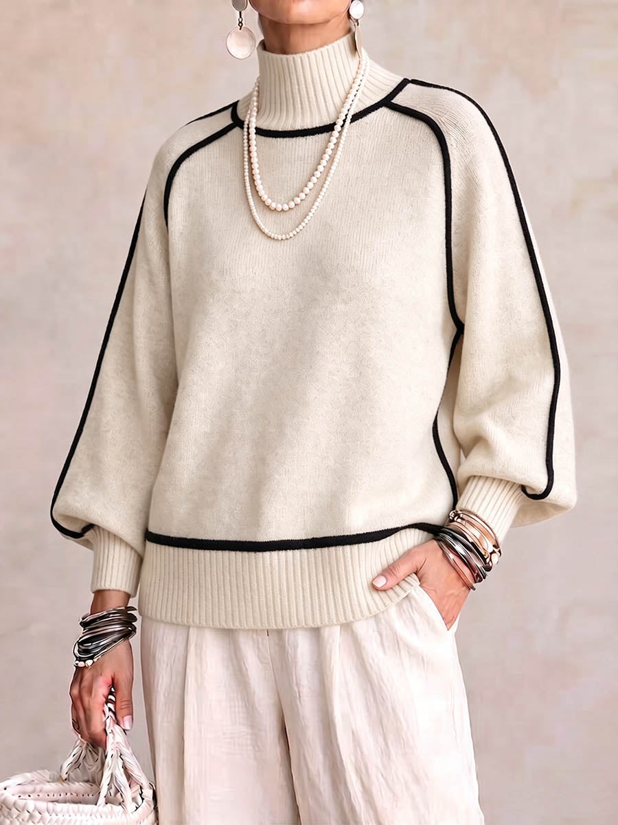 Women's High-neck Long-sleeved Casual Loose Color-blocked Pullover Knit Sweater