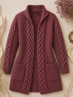 Chic Berry Mauve Cable-Knit Open Cardigan