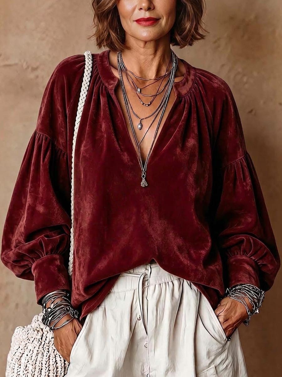 Women's Solid Color V-neck Long-sleeve Loose-fit Suede Pullover Top