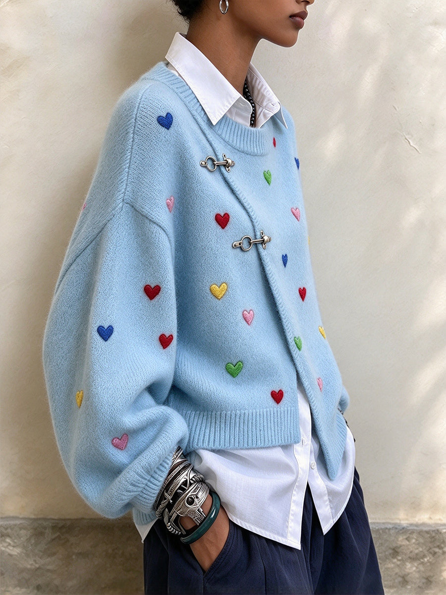 Chic Asymmetric Wool-blend Sweater With Heart Embroidery