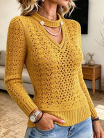 Chic Cutout Knit Top With Floral And Pearl Chain Embellishments