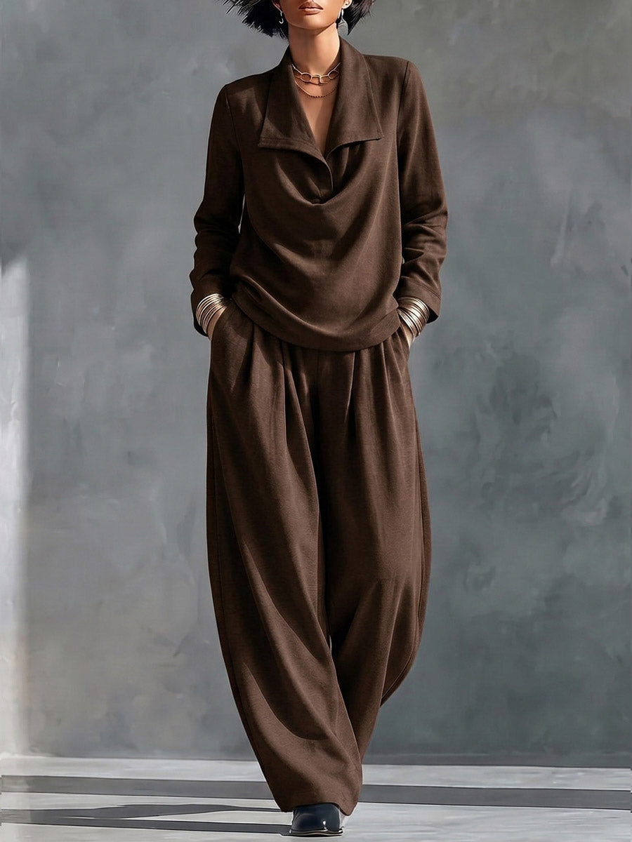 Women's Solid Color Collared Long-sleeved Casual Loose Top And High-waisted Wide-leg Pants Set