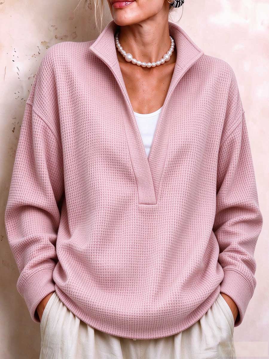 Women's Waffle Knit Split V-neck Pullover Sweater With Collar