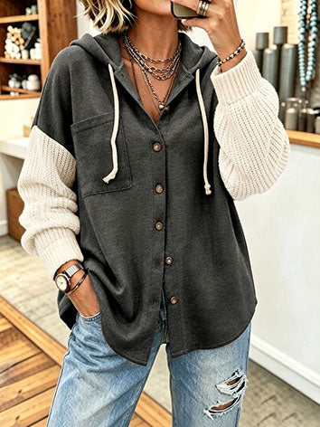 Cozy, Stylish Knit-sleeve Button-up Hooded