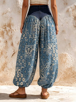 Bohemian-style Patchwork Lantern Pants Featuring Denim And Paisley Patterns.