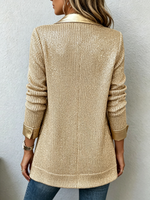 Chic Gold Knit Blazer With Sleek Faux Leather Trim