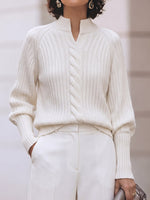 Women's Solid Color V-neck Long Sleeve Casual Loose Knitted Pullover
