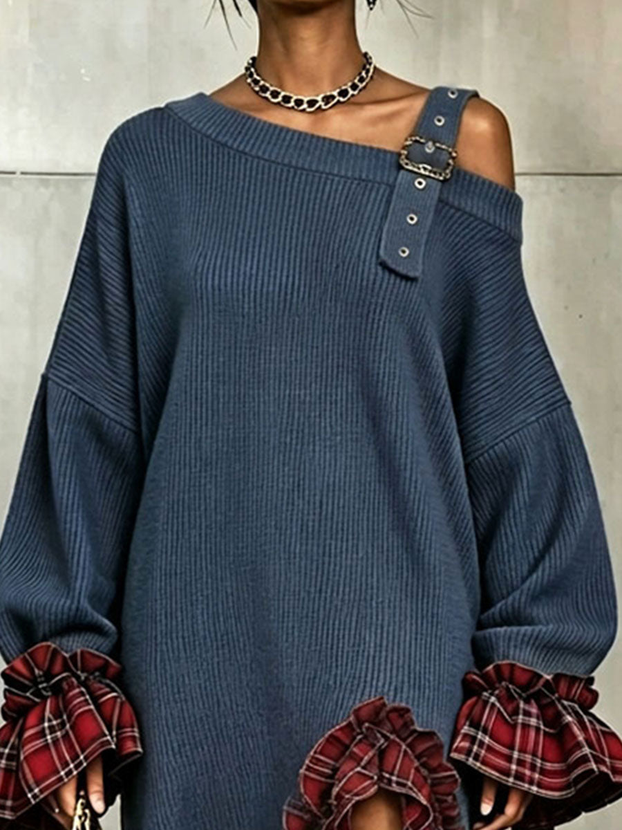 Chic Buckle Strap Plaid Ruffles Patchwork Knit Midi Dress