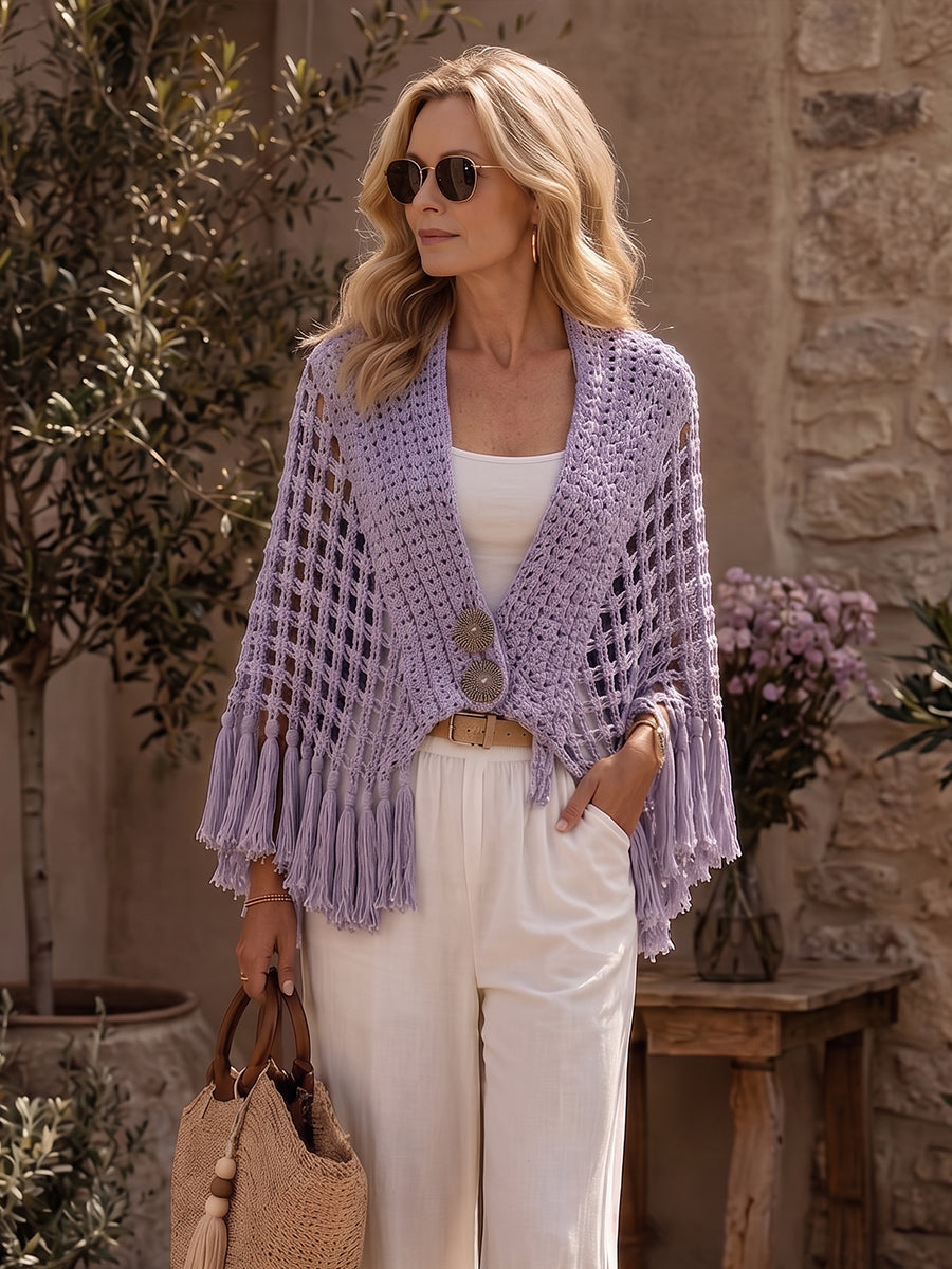 Chic Lavender Crocheted Fringe Open-Front Poncho