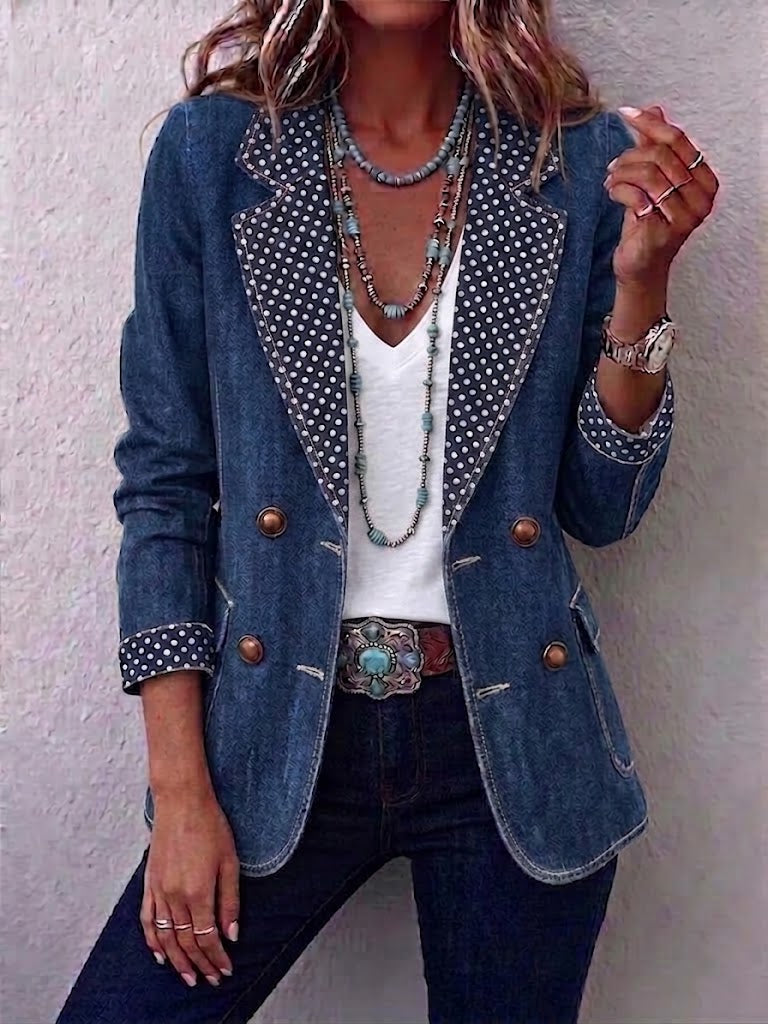 Polka-dot Lapel Double-breasted Denim Jacket